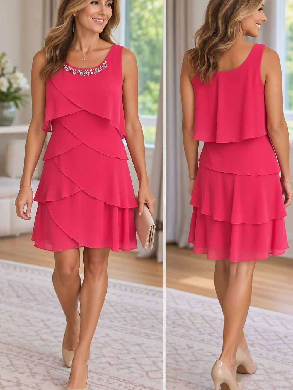SL Fashions Sleeveless Tiered Dress with Embellished Neckline - Hot Pink